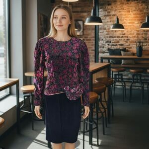 Lisa Michaels 80s Vintage Black with Burgundy Green Floral Velvet Dress Cocktail